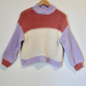 Dreamers Chunky Knit Sweater Colourblock Purple Pink Cream Mock Neck Size Small